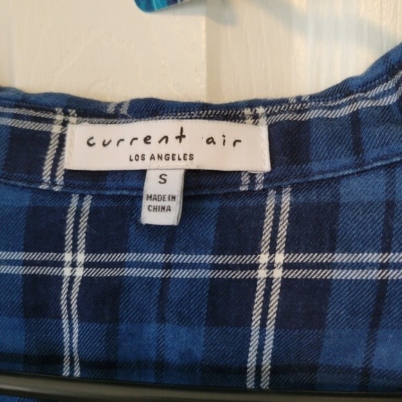 Current Air Blue Plaid Blouse Flare Sleeve Tencel Lyocell Size Small - Picture 3 of 5